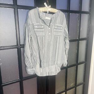 Lucky Brand Striped Popover Blouse Medium Boho Coastal Cotton Top